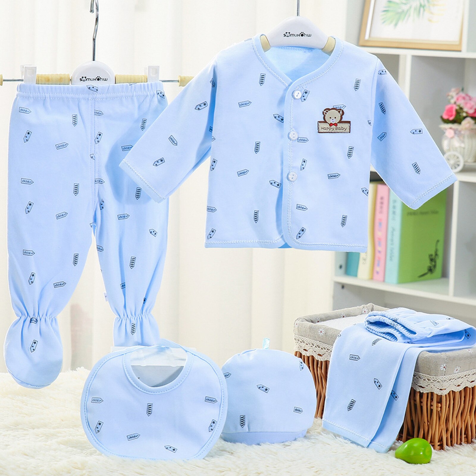 5Pcs Peuter Meisje Kleding Pasgeboren Nachtkleding Outfits Baby Jongens Meisjes Cartoon Lange Mouwen Tops + Hoed + Broek + bib Outfits Set: Blue