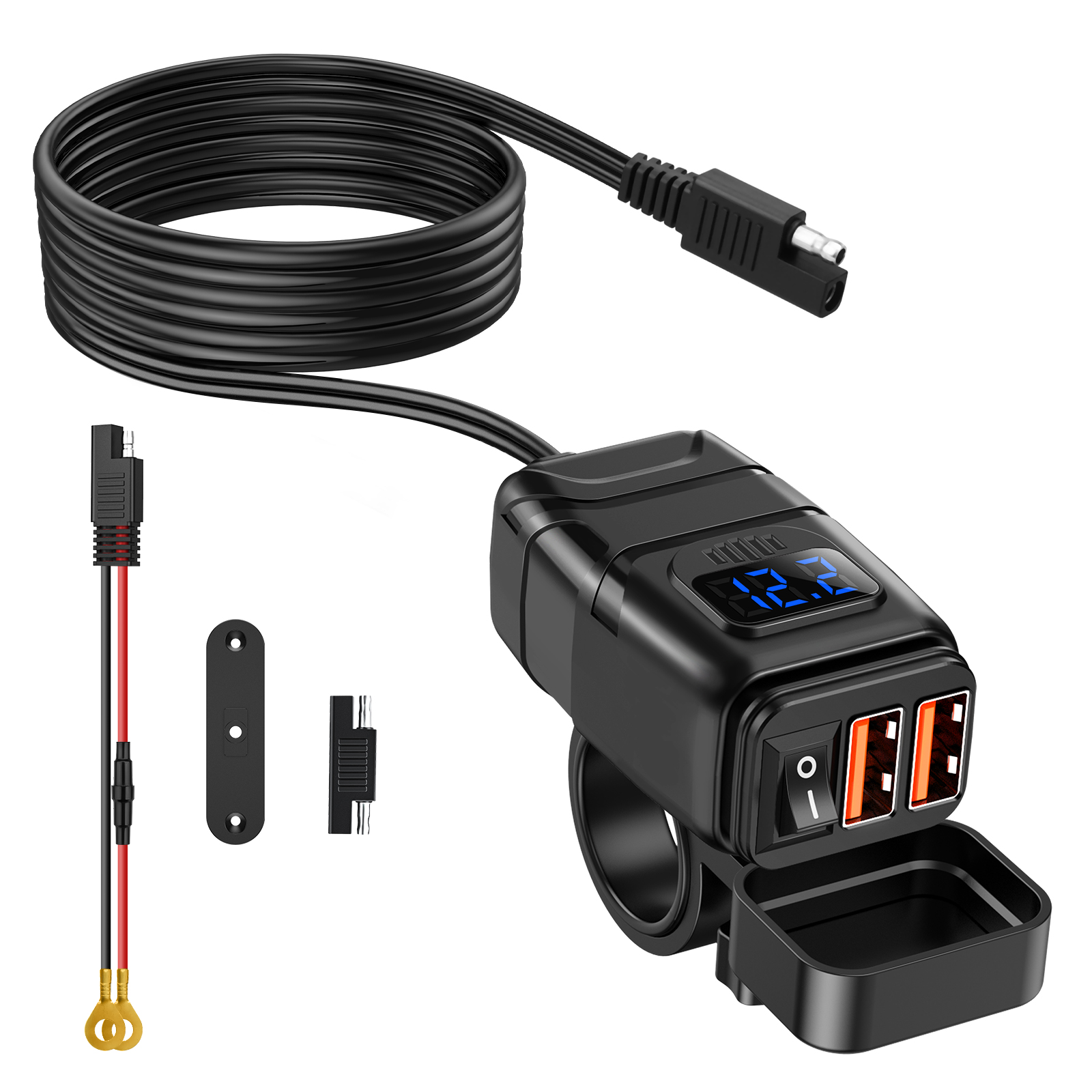 Powstation Waterdichte motorfiets telefoonoplader QC3.0 USB + Type C 6.4A oplader met snoer Voltmeter Moto-voedingsaansluiting: Black