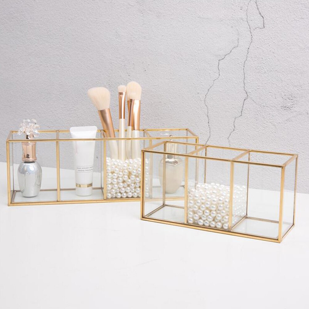 Gennemsigtig glas makeup børste opbevaringsboks guld kosmetik beholder ring blyant læbestift holder make up børster organisator