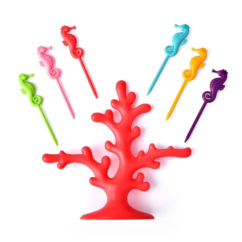 ABS Plastic Household Plastic Fruit Stick Set Coral Folk Rack Hippocampus Shape Sticks for Desserts Snacks Cake