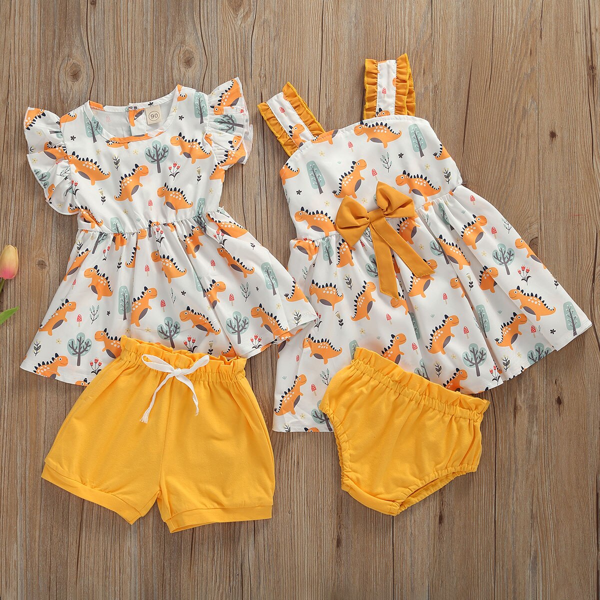 Peuter babymeisje zomerpakje cartoon dierenprint mouwloos jurkje + effen korte broek dinosaurus outfits
