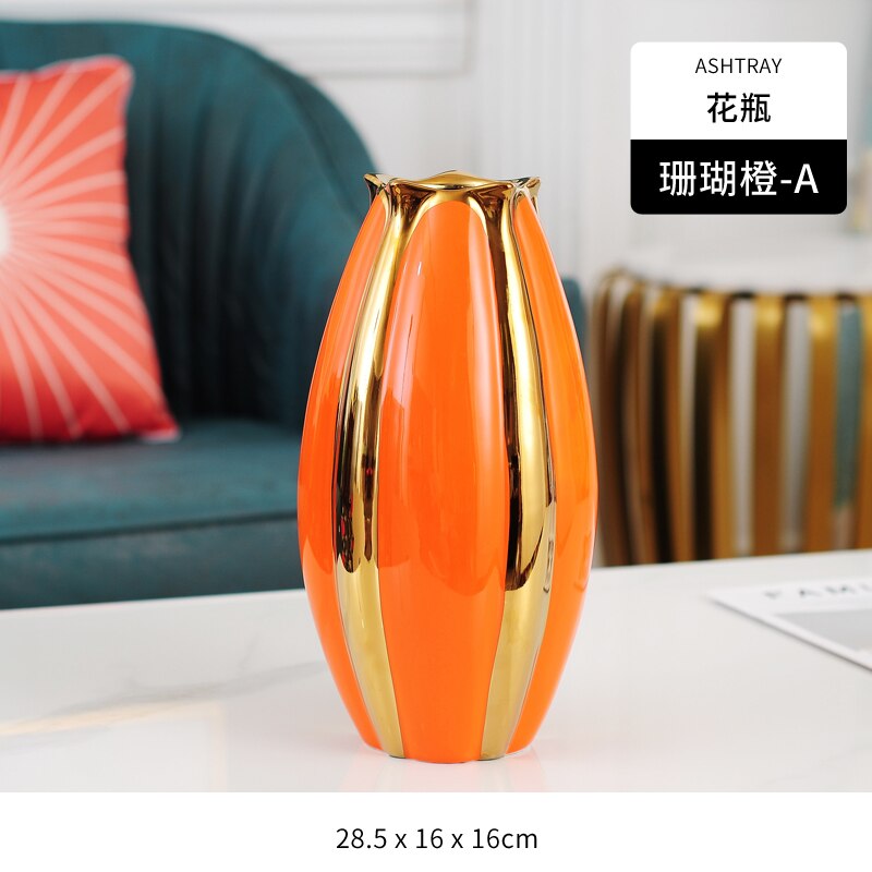 Star Fruit Ceramics Vase Orange Porcelain Vases Desk Decor Golden Stripes Floral Artificial Flowers Home Decoration Modern