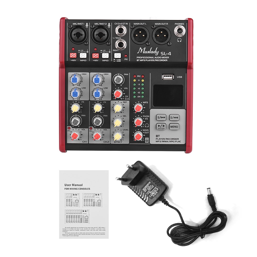 Muslady SL-4 Compact Size 4-Channel Mixing Console Mixer 2-band EQ Built-in 48V Phantom Power Supports BT Connection USB: EU Plug
