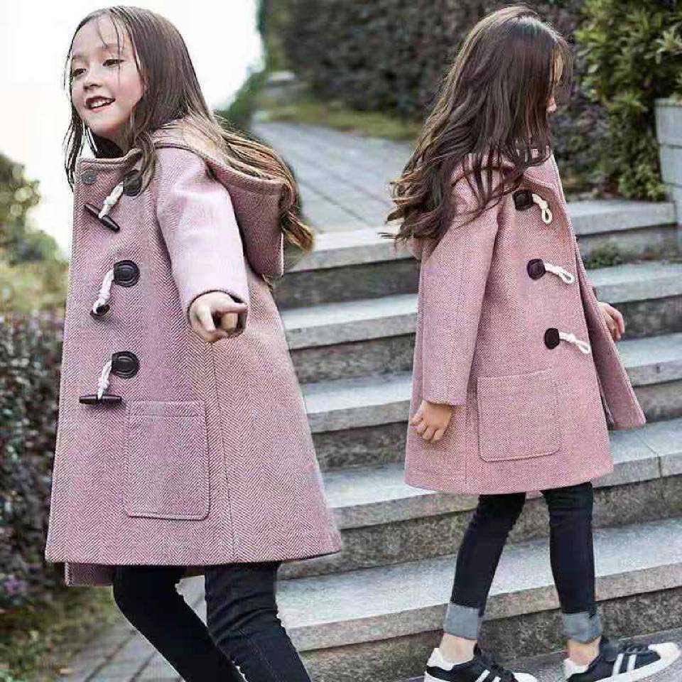 Toddler Girl Wool Coat Girls Coats England Style Horn Buckle Long Wool Jacket Coat Thicken outwear 4-14 Yrs Kids Cloth