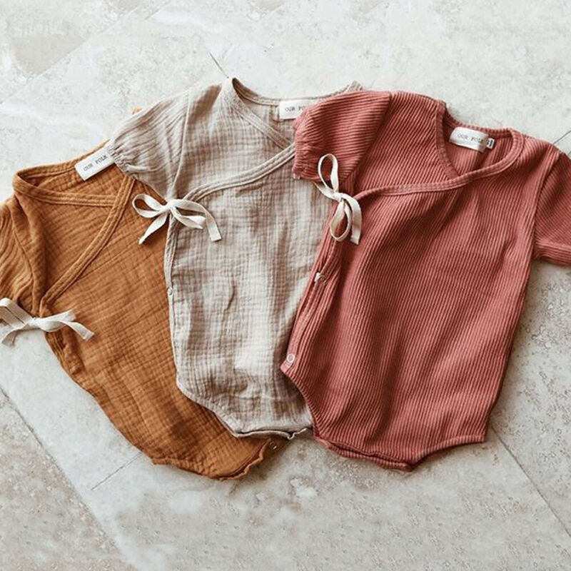 Barboteuse unie à manches courtes pour -né garçon et fille, combinaison en coton à lacets, tenue de soleil, vêtements, 4 couleurs, 0-18M
