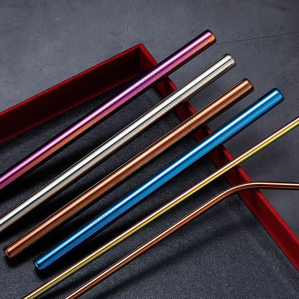 Metal Reusable Straw Eco-Friendly 304 Stainless Steel Straw Smoothies Drinking Straws Set with Brush &amp; Bag