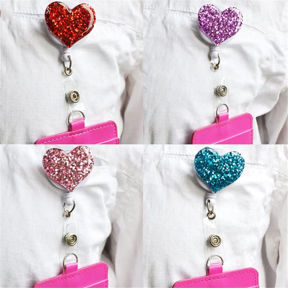 1pc Love Heart Glitter Sequins Badge Reel Retractable Badge Holder Nurse Doctor ID Card Holder Pull Key Chain Office Supplies