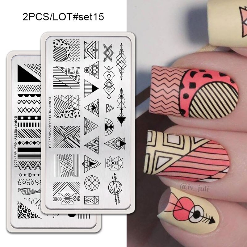 GEBOREN ZIEMLICH 2Pcs Nagel Stanzen Platten Set Rechteck Blume Geometrische Muster Nail art Bild Stempel Vorlage DIY Maniküre: 2Pcs-Set15
