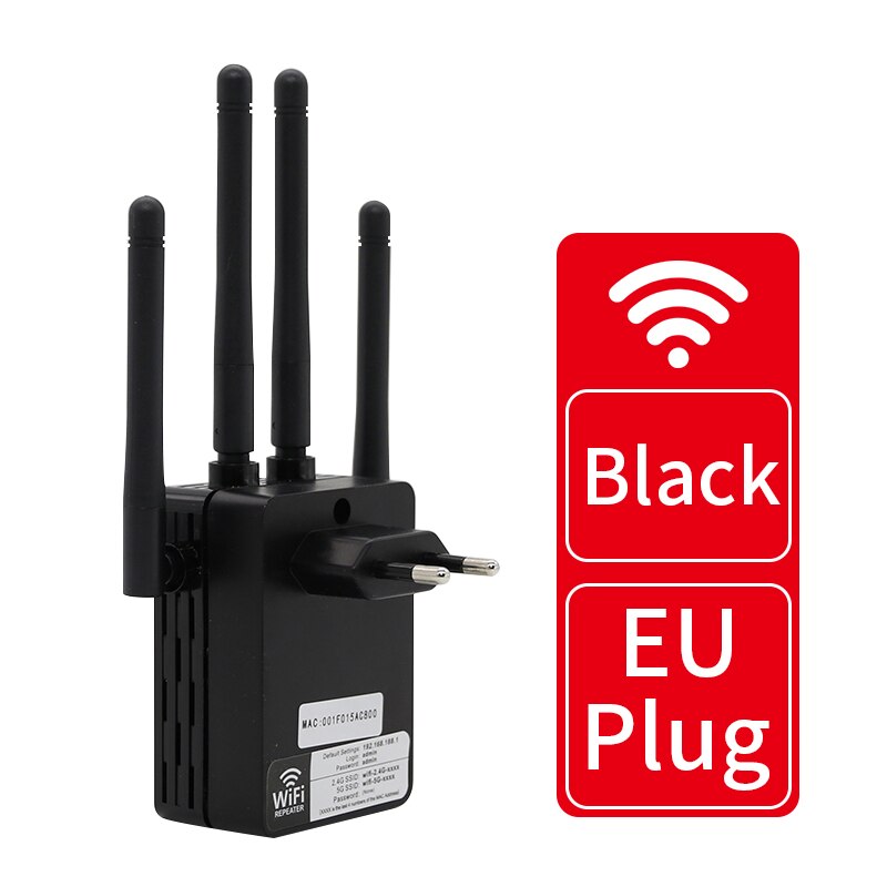 2.4G/5.8G Wifi Versterker Wifi Repeater 1200Mbps Wifi Router Lange Range Extender Thuis Wifi Signaal Booster met 1*100M Lan-poort: Black EU PLUG