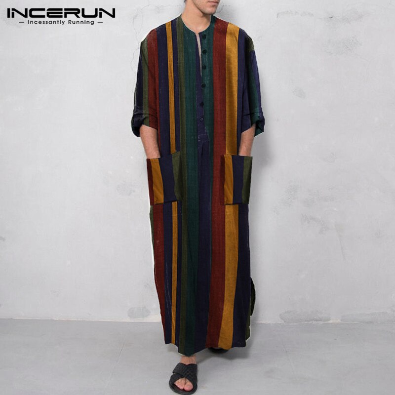 Incerun män etnisk mantel vintage randig långärmad muslim kaftan mantel o hals knappar jubba thobe fickor dubai arabiska kläder