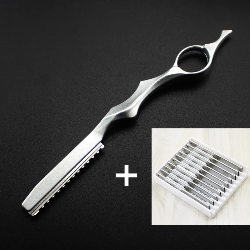 Hair Cutting Knife Thinner Thinning Razor 10 Blades Shavel Straight Salon Hairdressing Razor Stick Hair Cutter Rotary Barber Kit: Silver