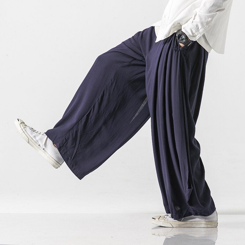 Mænd bukser i linned med brede ben mand harajuku streetwear haremsbukser mandlig kinesisk stil hanfu kongfu sorte bomuldsbukser nederdel