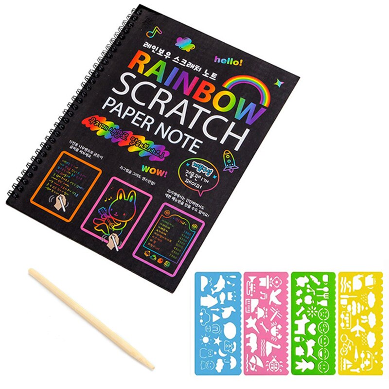 19*26cm Black Large Magic Color Rainbow Scratch Paper Note book DIY Drawing Toys Scraping Painting Kid Doodle Educational Books: 1Scratch book 4ruler