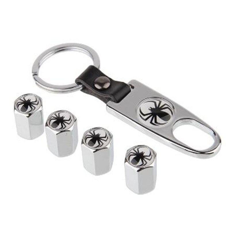 4 Stks/partij Auto Styling Spider Logo Ventiel Cap Met Sleutelhanger Sleutel Sticker Voor Auto 'S: Black  Spider
