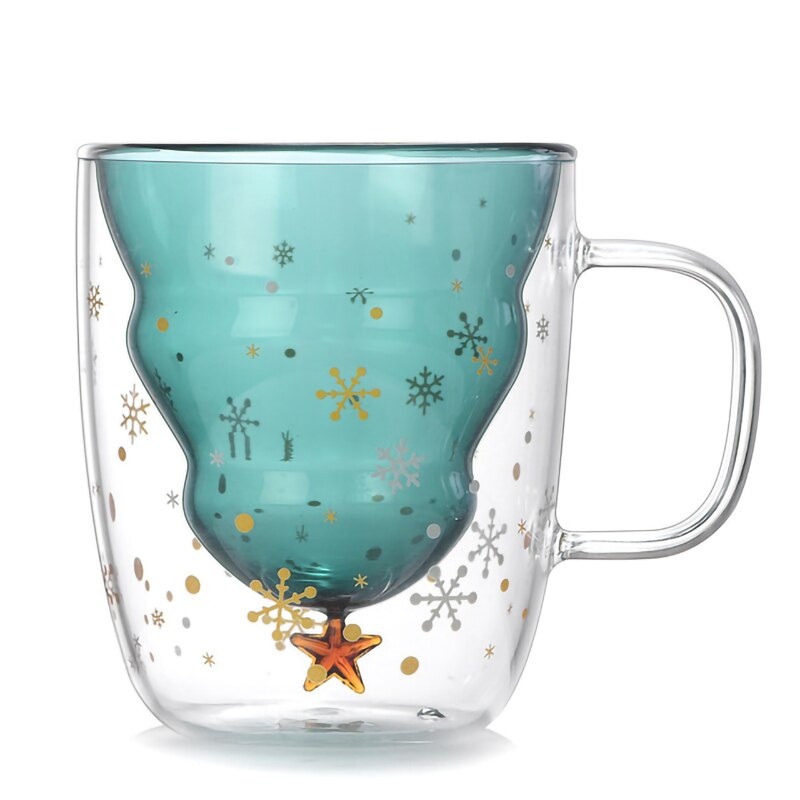 Taza de cristal transparente de doble pared para Año , árbol de Navidad, estrella de la nieve, antiescaldado, para café, leche, botella de agua, de Navidad