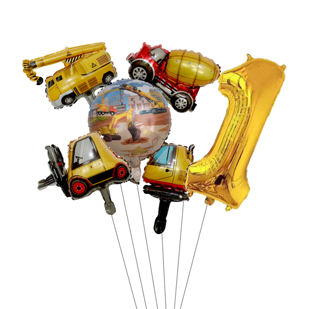 6pcs Mini Carton Vehicle Balloon with 32inch Gold Number Balloon Set for Boy's Construction Themed Birthday Party Decorations