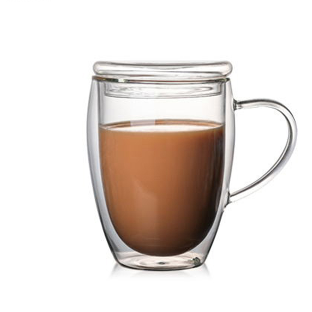 Bekväma dubbelväggiga isolerade glas espressomuggar högtemperaturbeständiga tjocka transparenta glas kopp vinglas: Med lock 350ml