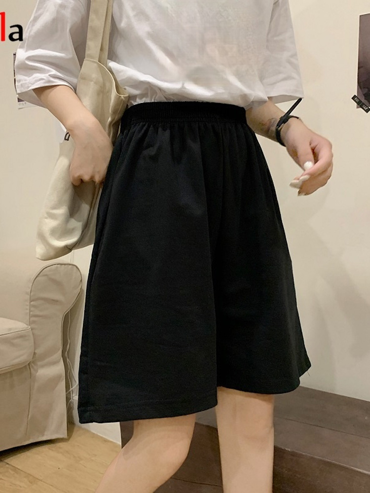 Korean pure cotton gray black women shorts casual regular loose Big size straight solid elasticity jogger shorts female: Xian 010 hei / XL