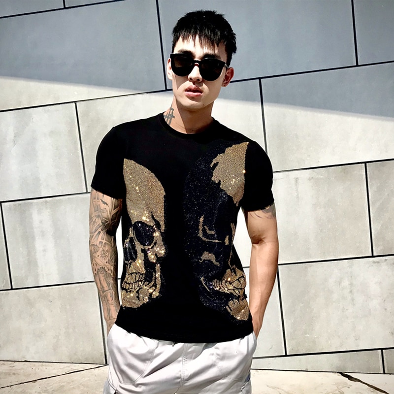 0000~HOMME EST.1978 Crew Neck SKULL T-Shirt with rhinestone embellishment
