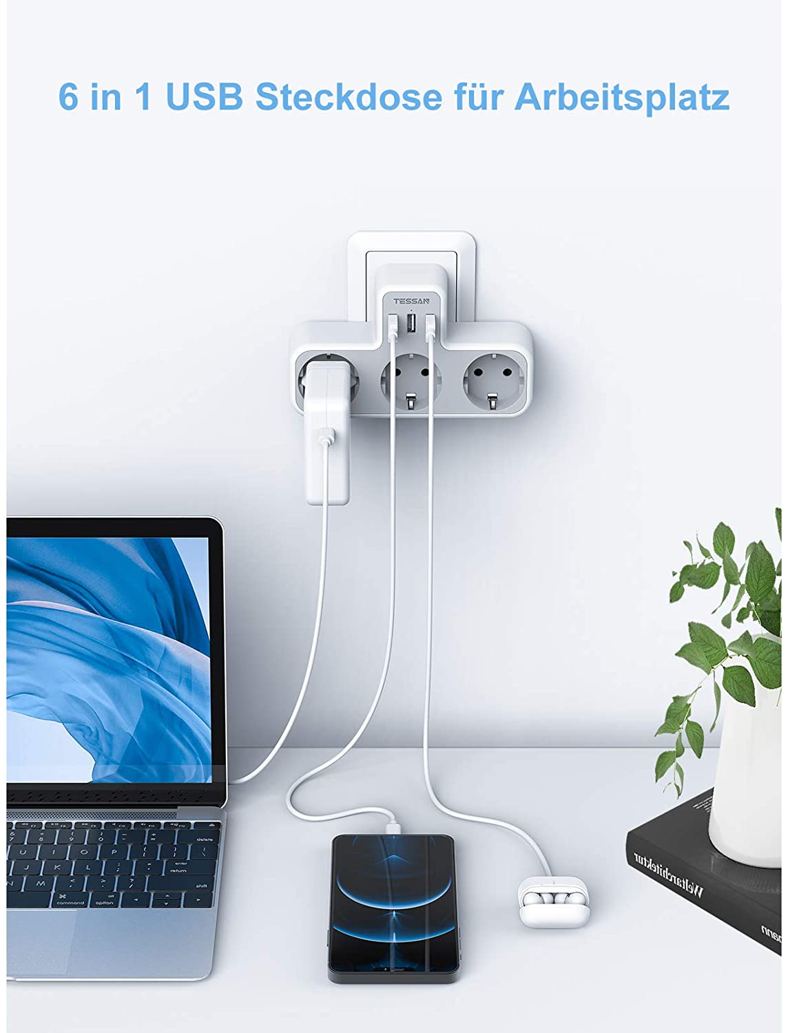 TESSAN EU Standard Plug Power Strip with 3 USB Charging Ports and 3 Outlets Multi Outlets Extender Wall USB Socket Plug Type-E/F
