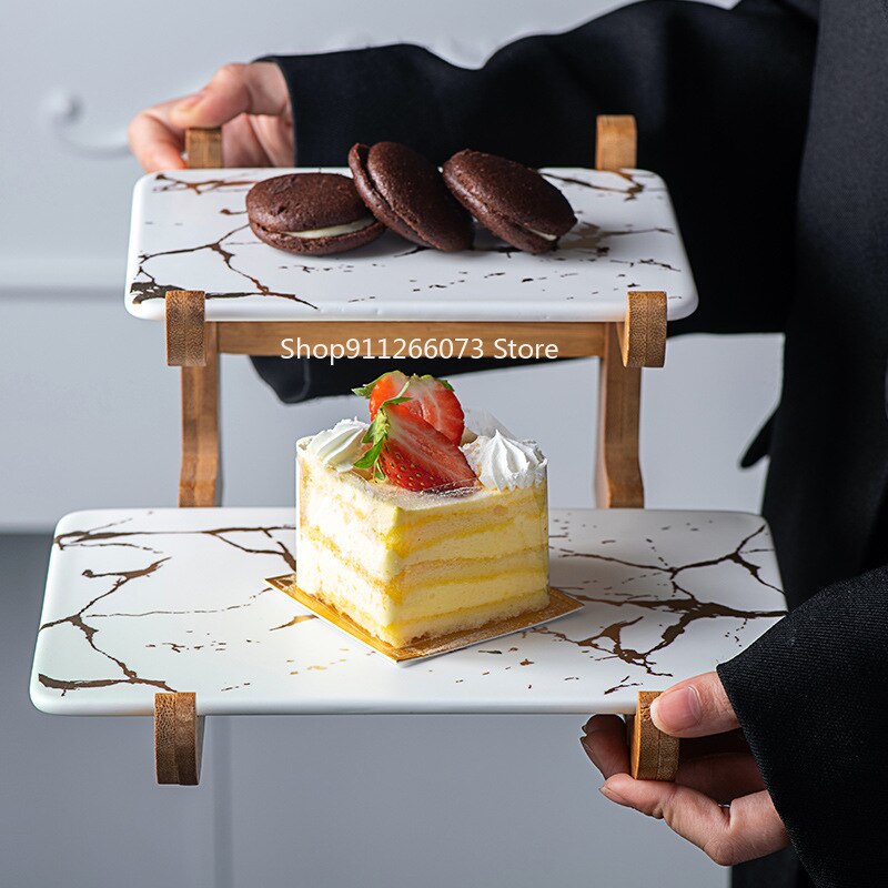 Marbling Keramische Taart Rack Afternoon Tea Snack Dubbele Houten Frame Snack Tafel Decoratie Fruitschaal Dessertbord