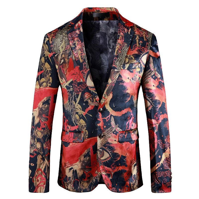 Jakkesæt med print til mænd stil ungdom slim fit sjal reversjakkesæt blazer scenesanger performance jakke tøj