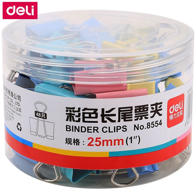 48PCS/BOX Deli 8554 binder clips 1" (25mm) color clips paper documents clips