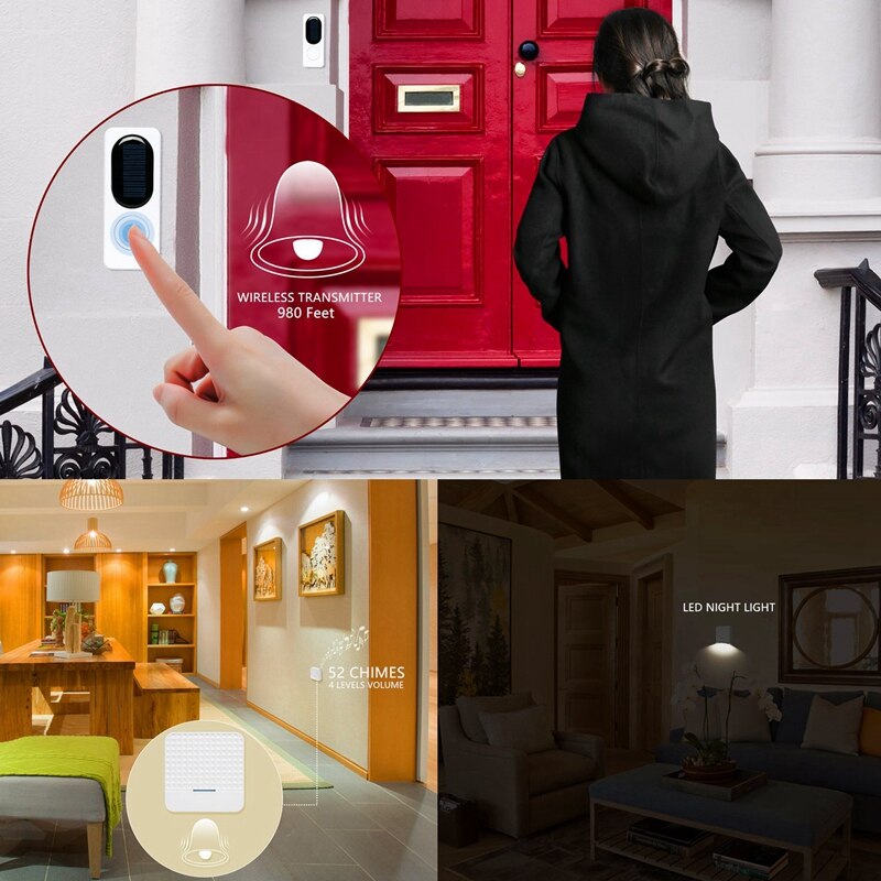 Wireless Doorbell With Led Night Light,Solar Door Bell Ring Waterproof Chime Kit No Batteries Required Remote Panel Push Button