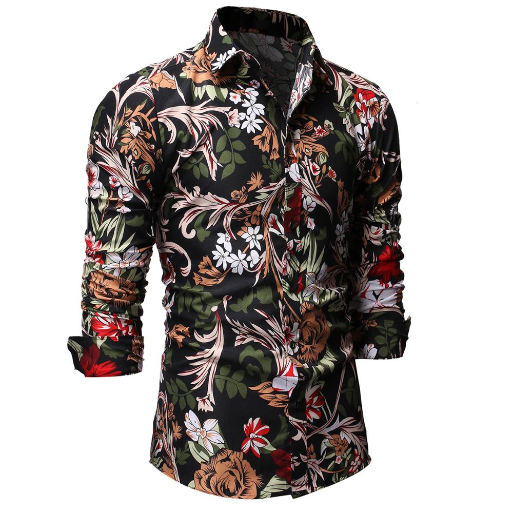 Men's Printed Shirts Male Slim Fit Long Sleeve Shirt Men Floral Print Casual Shirts Plus Size