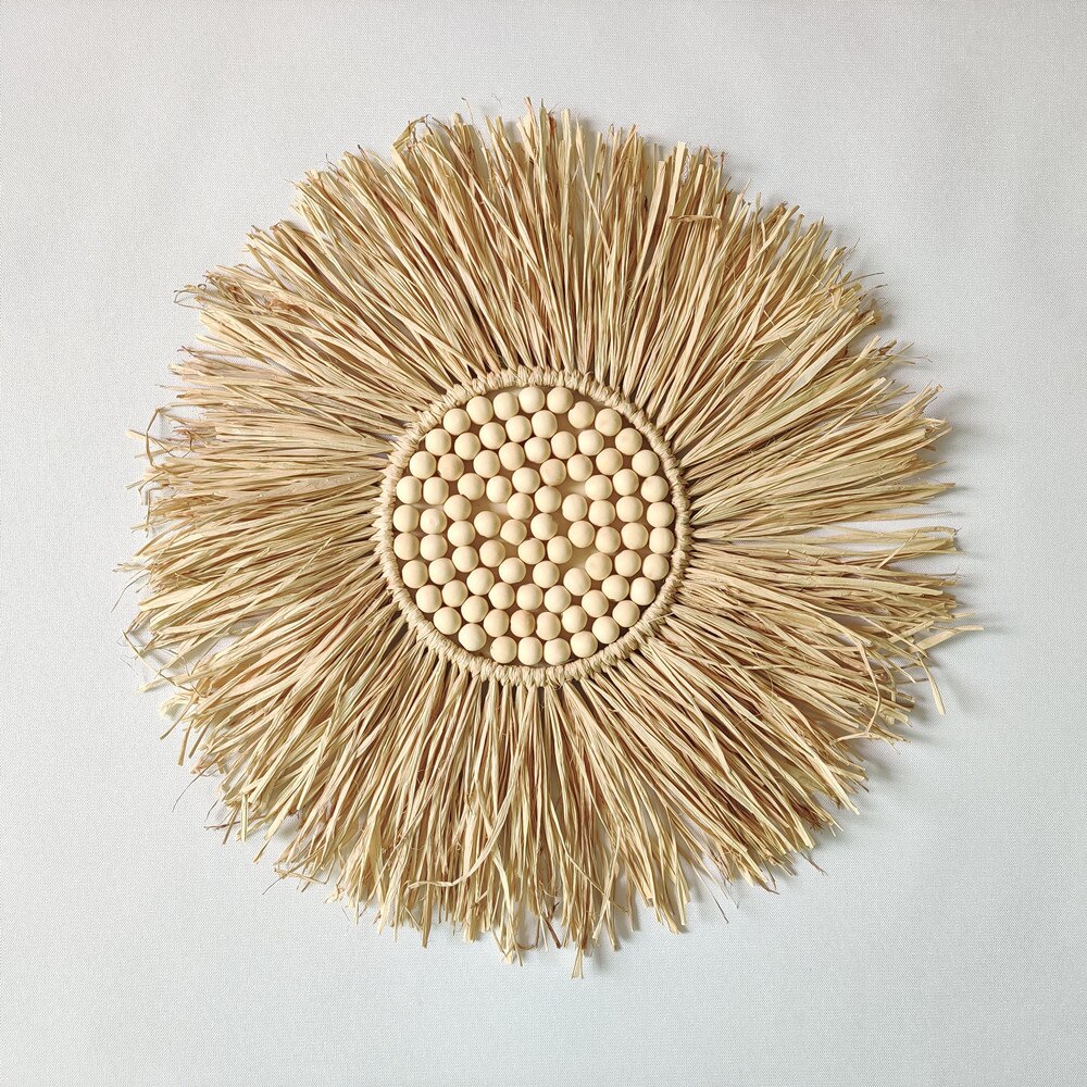 Miroir de paille rond tissé en bois marocain, nordique, perles de maquillage suspendues, ornements muraux, artisanat de décoration de maison: B