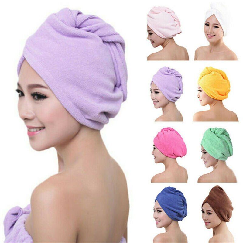 Newest Turbie Quick Drying Hair Towel Twist Wrap Loop Button Hat Cap Turban Solid Shower Bath Caps