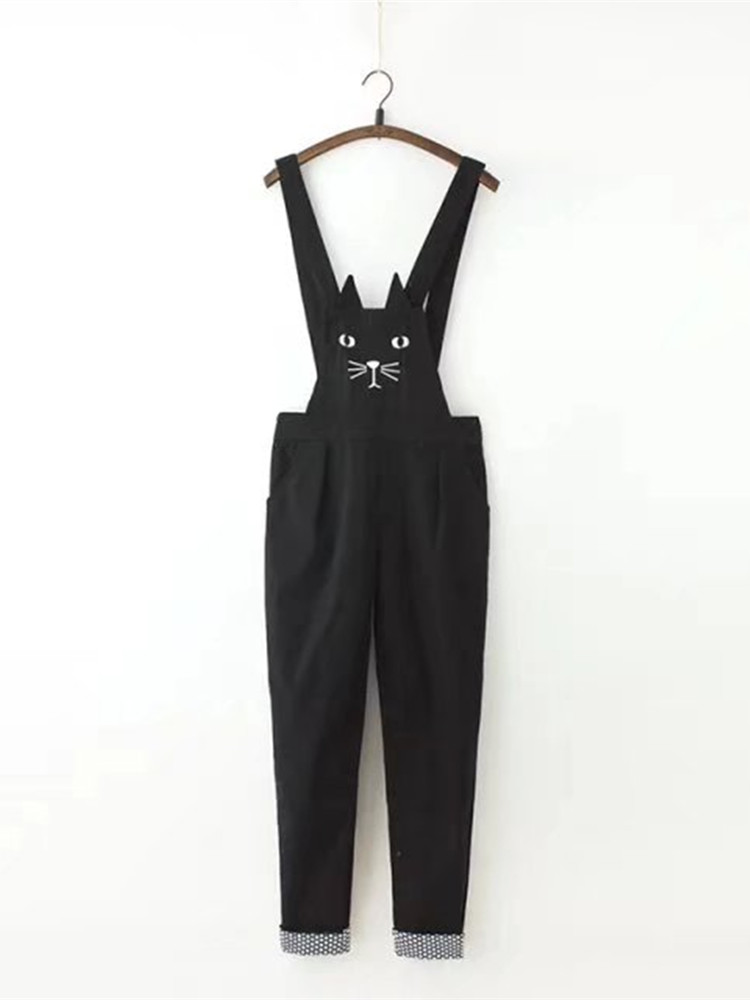 Japanischen Stil Kawaii Katze Stickerei Übergröße Schwarz Gesamt Gerollt Saum Denim Overall Für Frauen Combinaison Jeans Femme