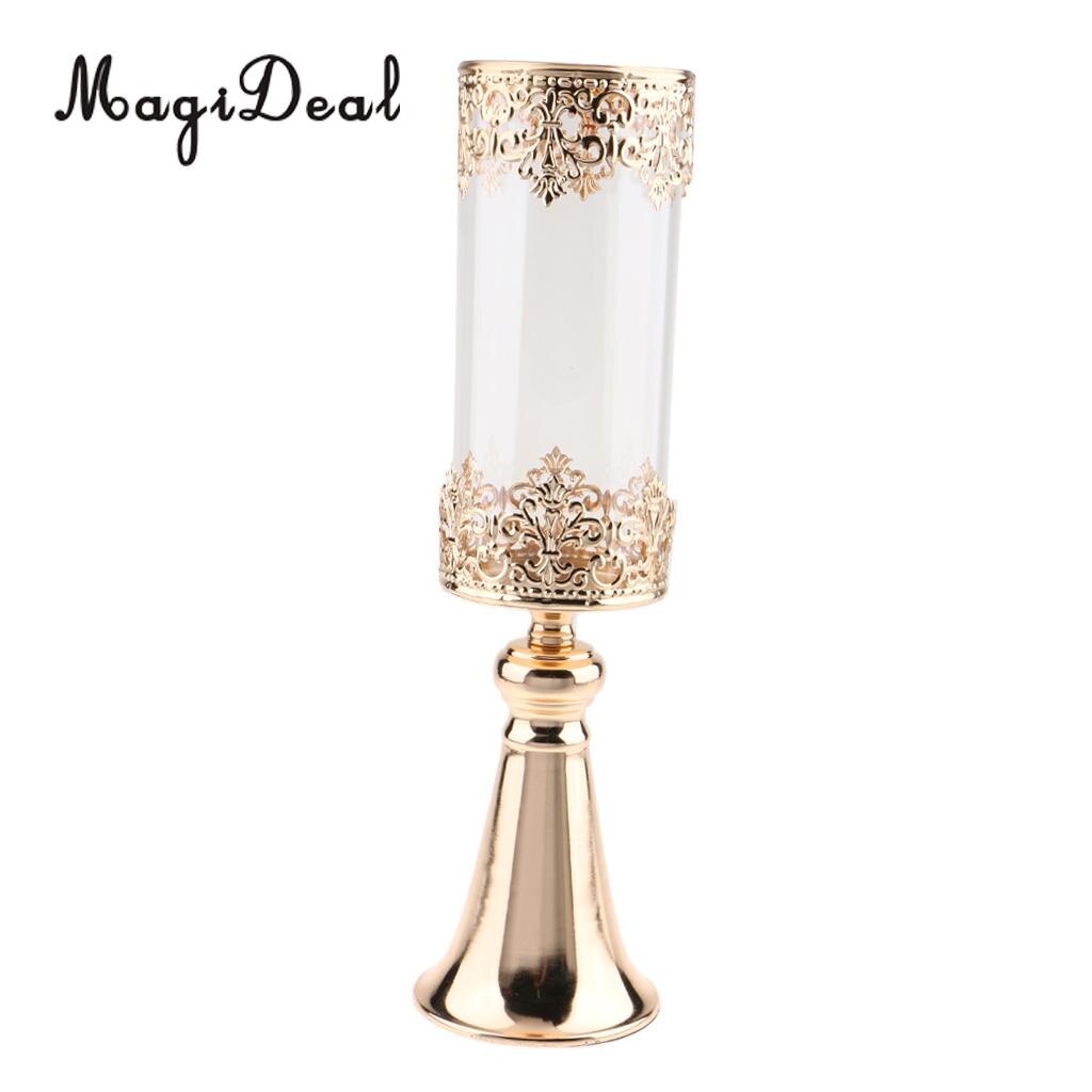 Antik guld metall piedestal ljusstake med glas blomma vas kristall draperad pelare stativ accent display prydnad