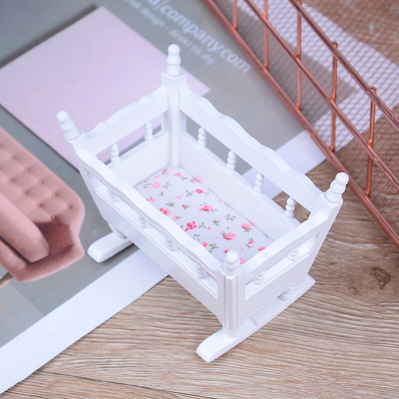Mini White Wooden Furniture Crib For Baby Cradle Children Room Doll House 1:12 Miniature