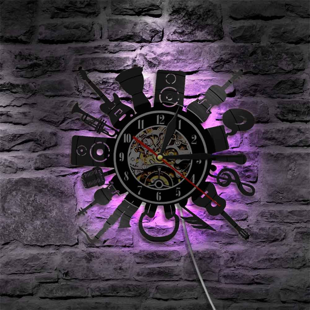 Acoustic Electric Guitar Wall Clock Punk Rock n Roll Heavy Metal Music Vinyl Record Wall Clock with LED Light Music Band