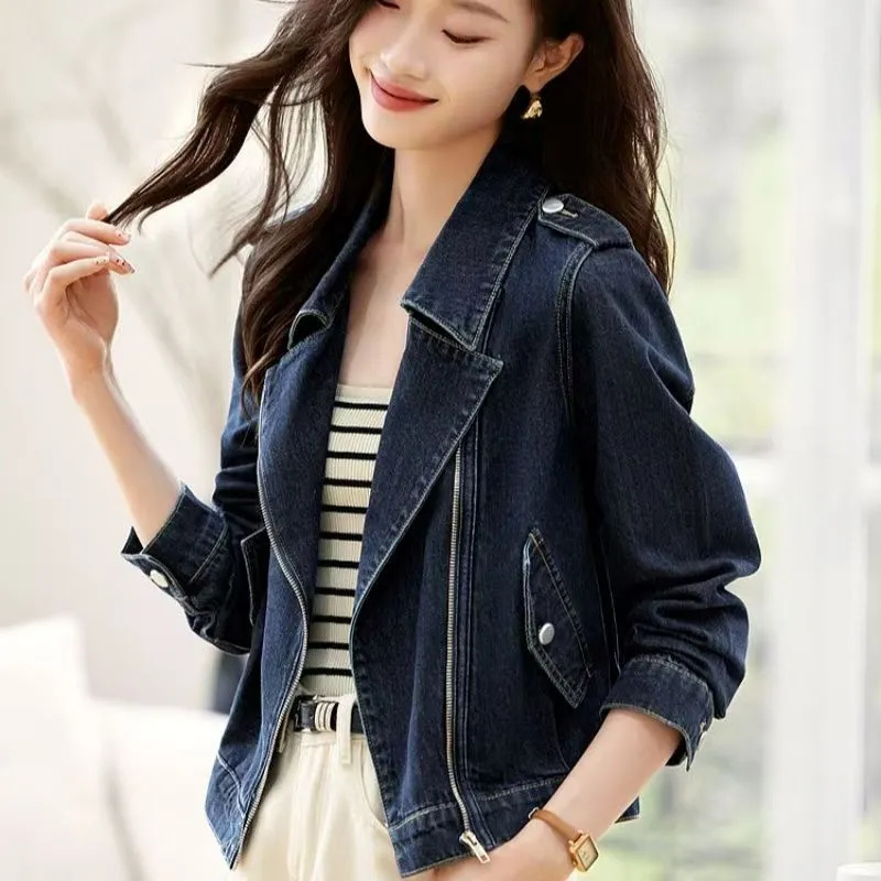 Vårhøst denimjakke kvinner kort koreansk løs cowboyfrakk uformelt yttertøy joker motorsykkelfrakk kvinne