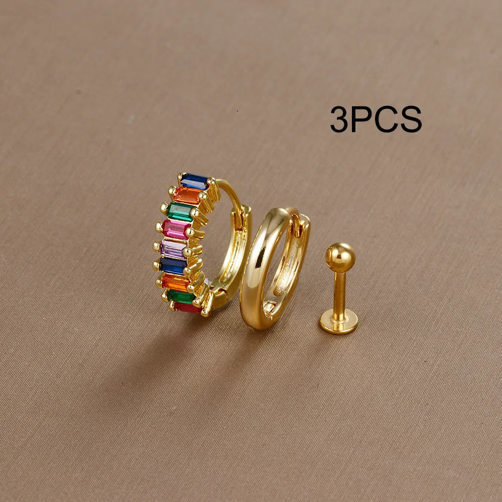 Conjunto de pendientes de aro de círculo redondo para mujer, aretes pequeños de acero inoxidable para Piercing de cartílago, joyería, 3 uds.: Chapado en zinc azul