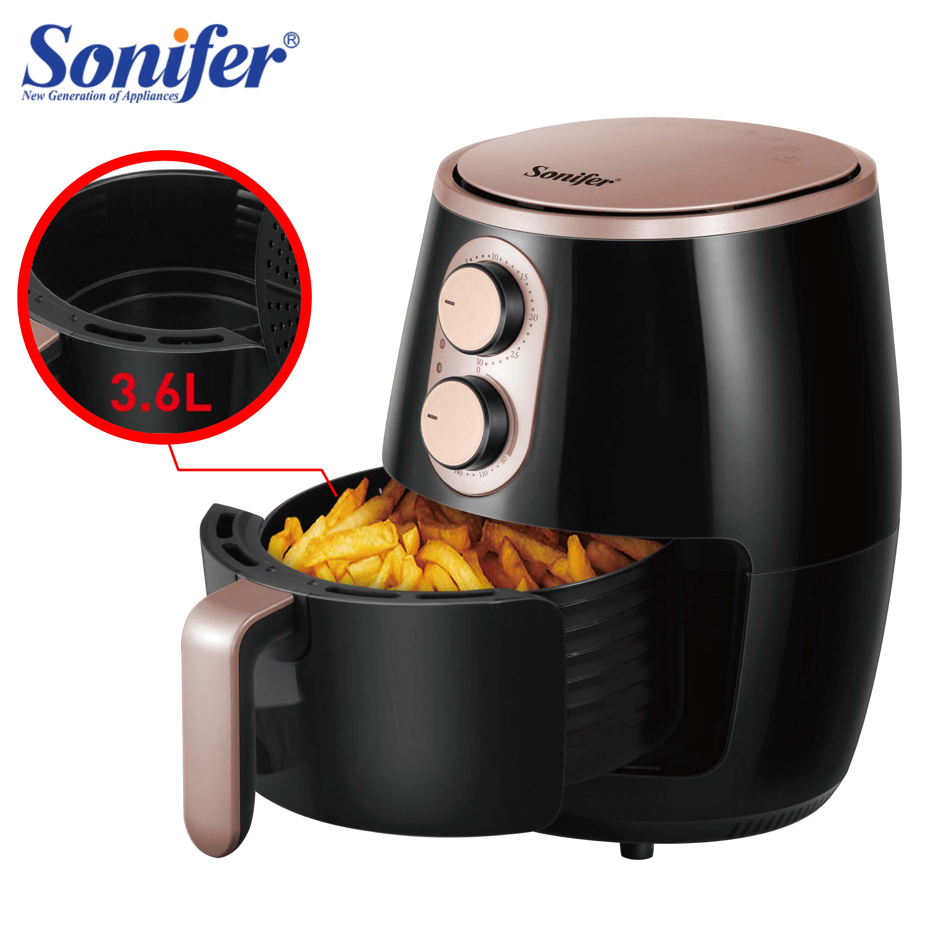 Sonifer 3.6L freidora sin aceite, tostadora del hogar 360 ° sin aceite, canasta combinada fácil de extraer, adecuada para 2-4 personas para cenar,freidora de aire sin aceite,freidora de aire