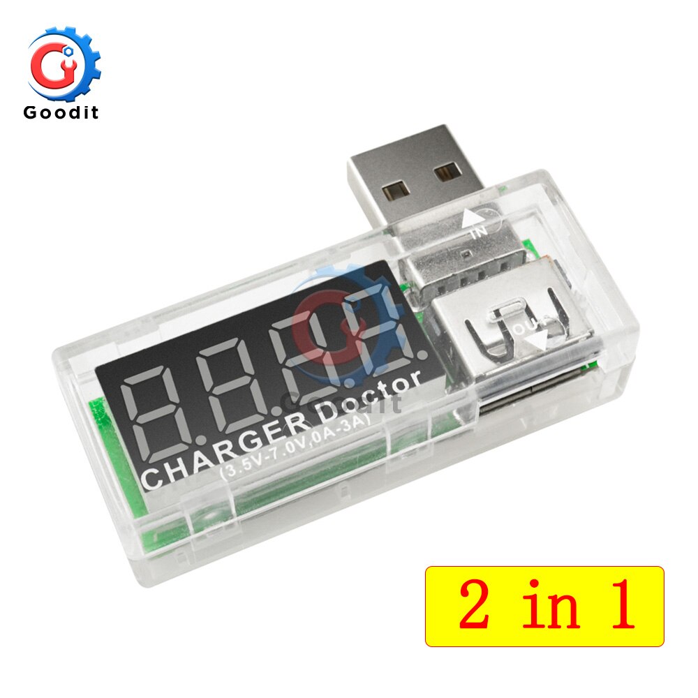 Led Digitale Dual Usb-poort Stroom Spanning Opladen Test Detector Tester Batterij Arts Meter Monitor Voltmeter Amperemeter Charger: 2 in 1 Transparent