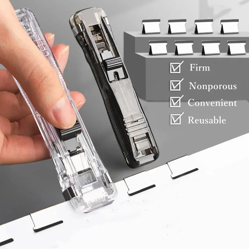 Staple Metal Clip Push Hand Paper Clipper with Refill Fixing Organizing Stapler Reusable Push Clamp for Document File Stationery