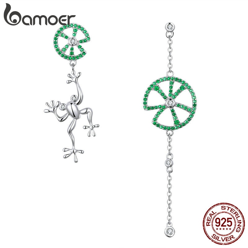 Bamoer authentic 925 prata esterlina jumping sapo verde zircão brincos de gota para mulheres longa corrente animal jóias bse027