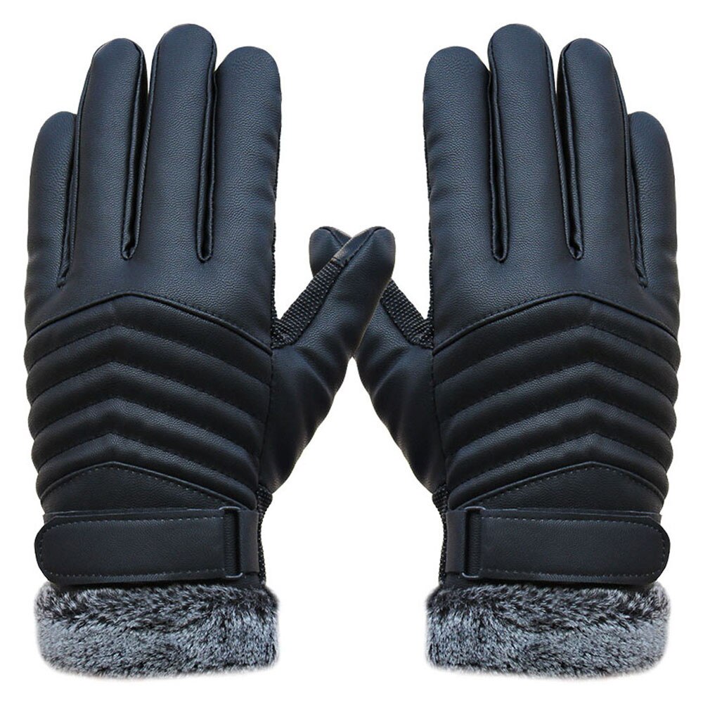 PU Leather Fur Gloves For Men Winter Autumn Warm Thermal Wool Fleece Snow Mittens Outdoor Five Finger Touch Screen Wrist Gloves: Default Title