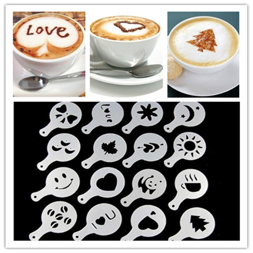 Moule à Cappuccino modèle d'impression Natie | Ensemble de 16 pièces, dessin de café mousse de café, pochoirs à gâteaux, pochoir à sucre en poudre, outils de tamis