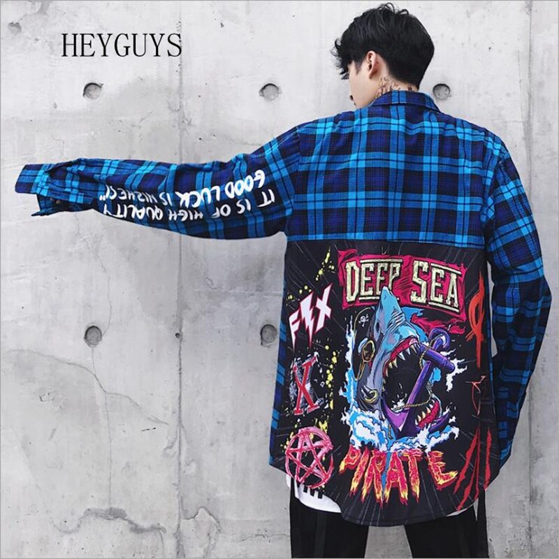 NAGRI Men Shirt casual Man Long Sleeve Hip-Hop printing Cardigan Tops Mens Plaid Casual Shirt Streetwear