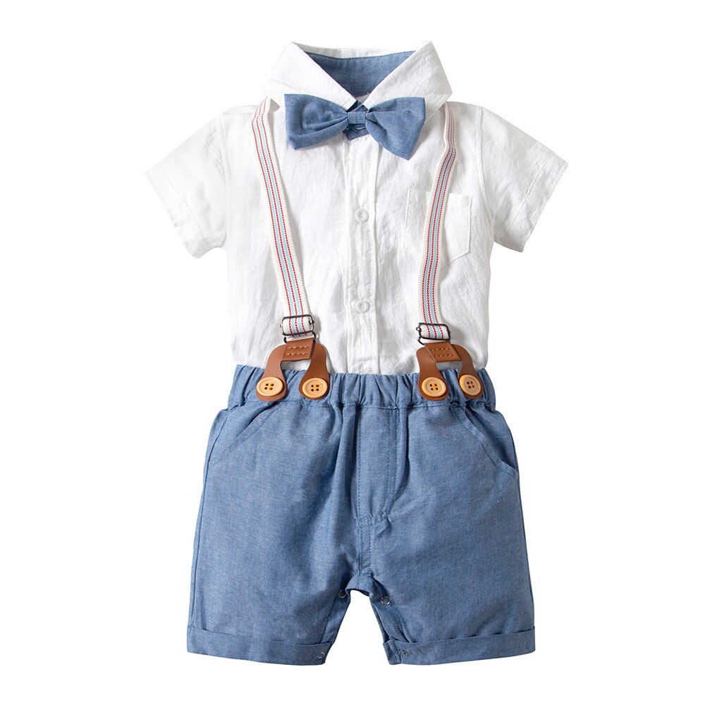 Baby Baby Boy zomer Gentleman Pak Strikje Shirt Bretels Shorts Outfit Set