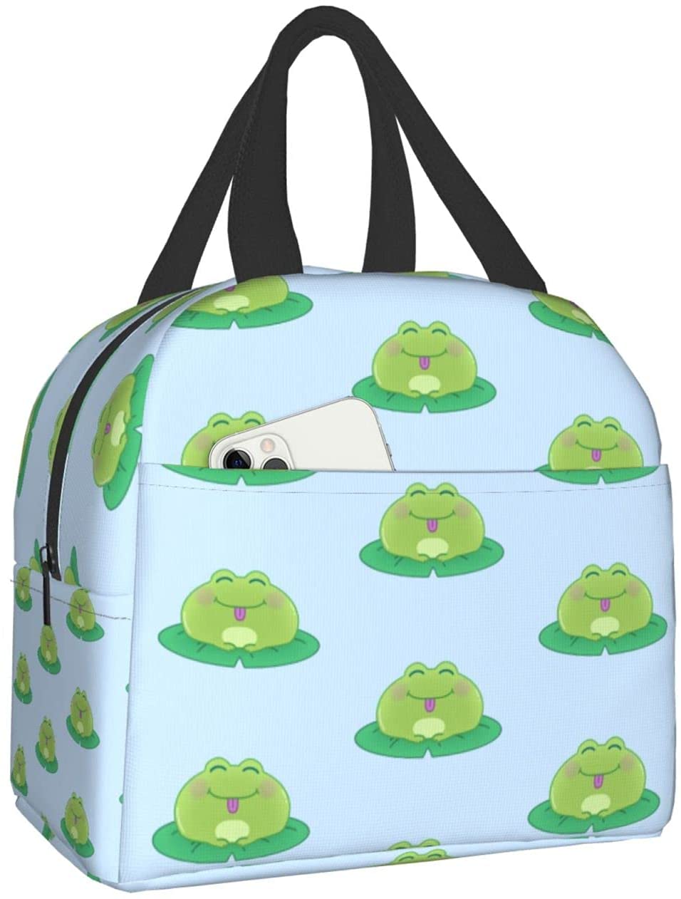 Funny Cute Frog Animal Lunch Bag Travel Box Work Bento Cooler Reusable Tote Picnic Boxes Insulated Shopping Bags for Women Men: black