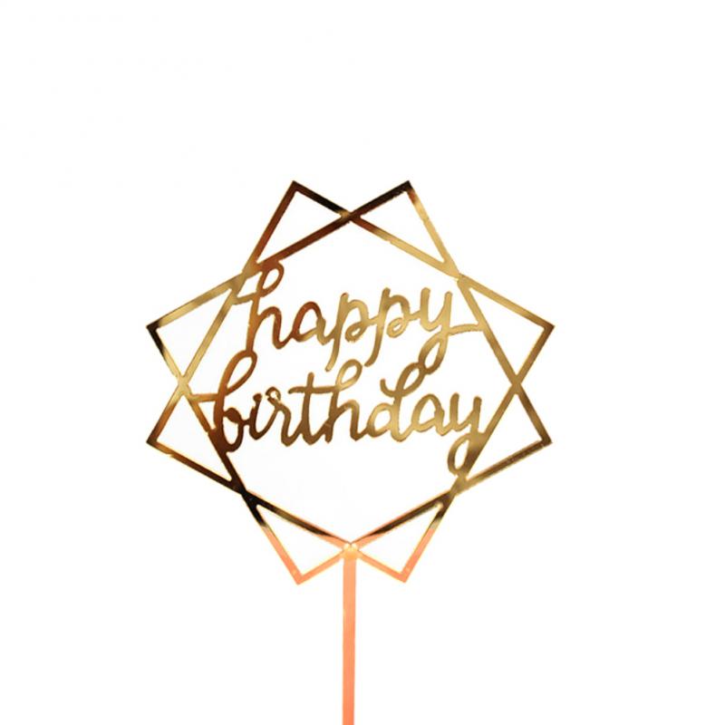 Gold Acrylic Hand Writing Happy Birthday Cake Dessert Decoration For Birthday Party Lovely Stamping Golden Insert Card: 04