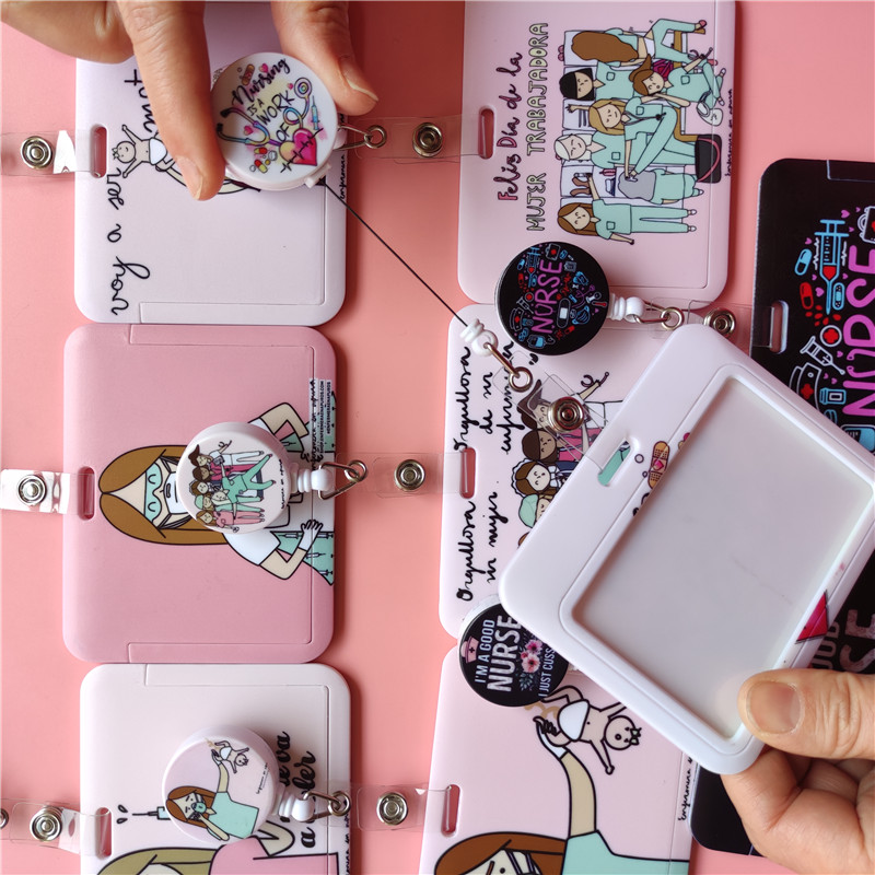 Doctor Nurse Cute Name ID Badge Holder Hard Case with Neck Lanyard Bus Card Holder Keychain Strip Set for Nurse Name Card Case