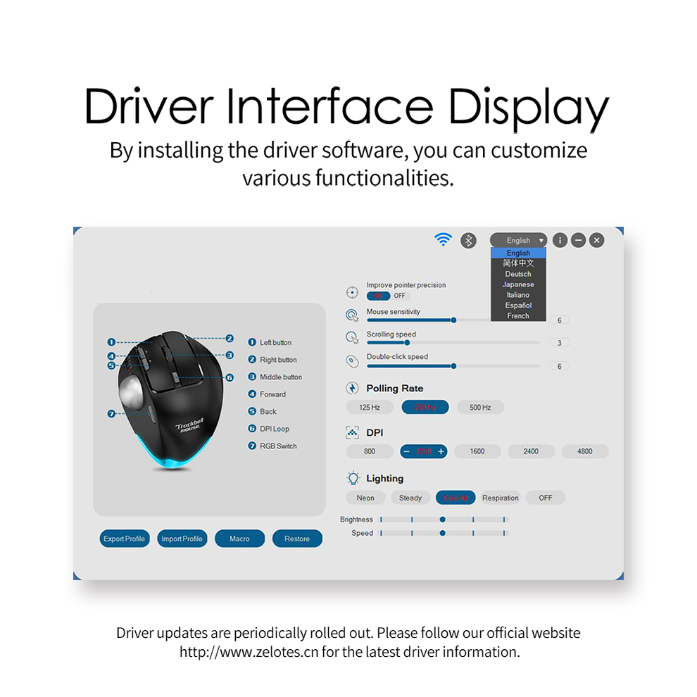 Draadloze Bluetooth Trackball-muis 2.4G RGB Ergonomische oplaadbare Rollerball-muizen 3-apparaatverbinding Duimbediening voor pc iPad