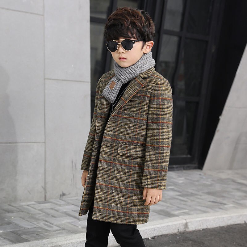 Autumn Winter Boys Jacket Wool Coat Kids Lattice Coats Windbreaker Children Clothes Teen Boys Trench Coat G114